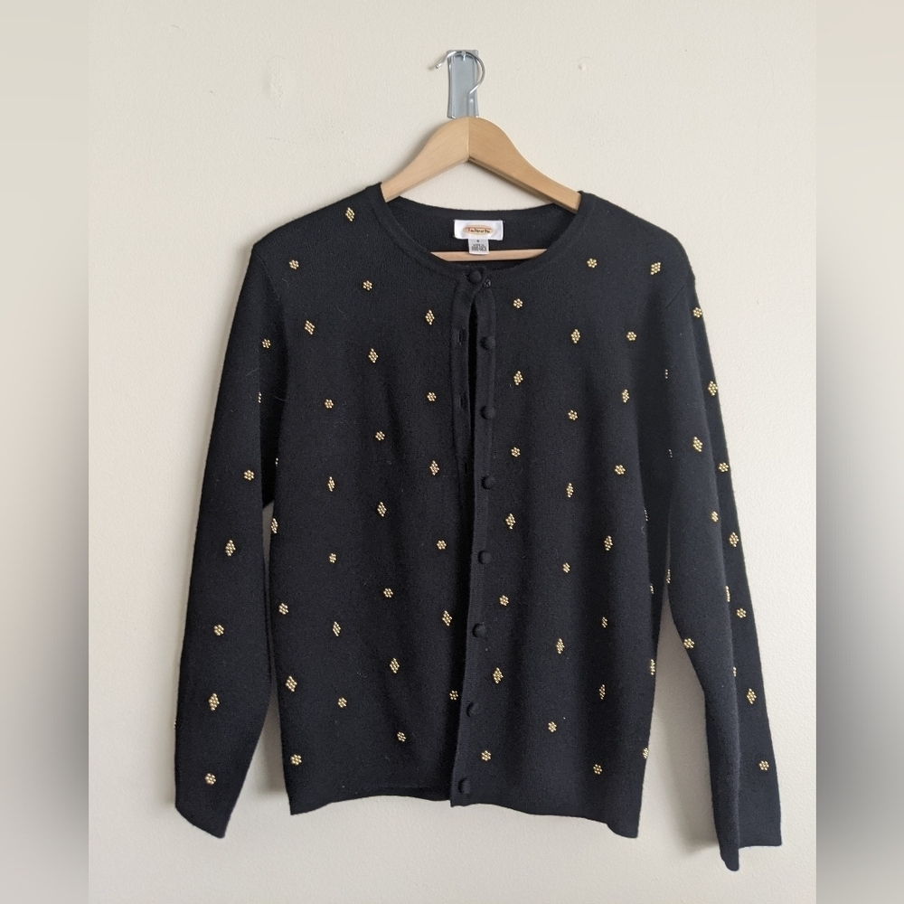 Vintage Talbots 100% Wool Black Cardigan – Gold Beading Details Size s